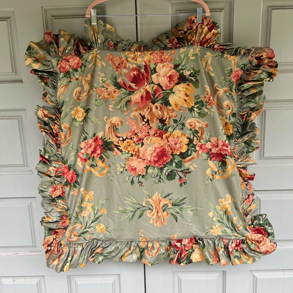 2 Super Large 💐Green and Pink Floral Pillow Sham with Ruffles💐